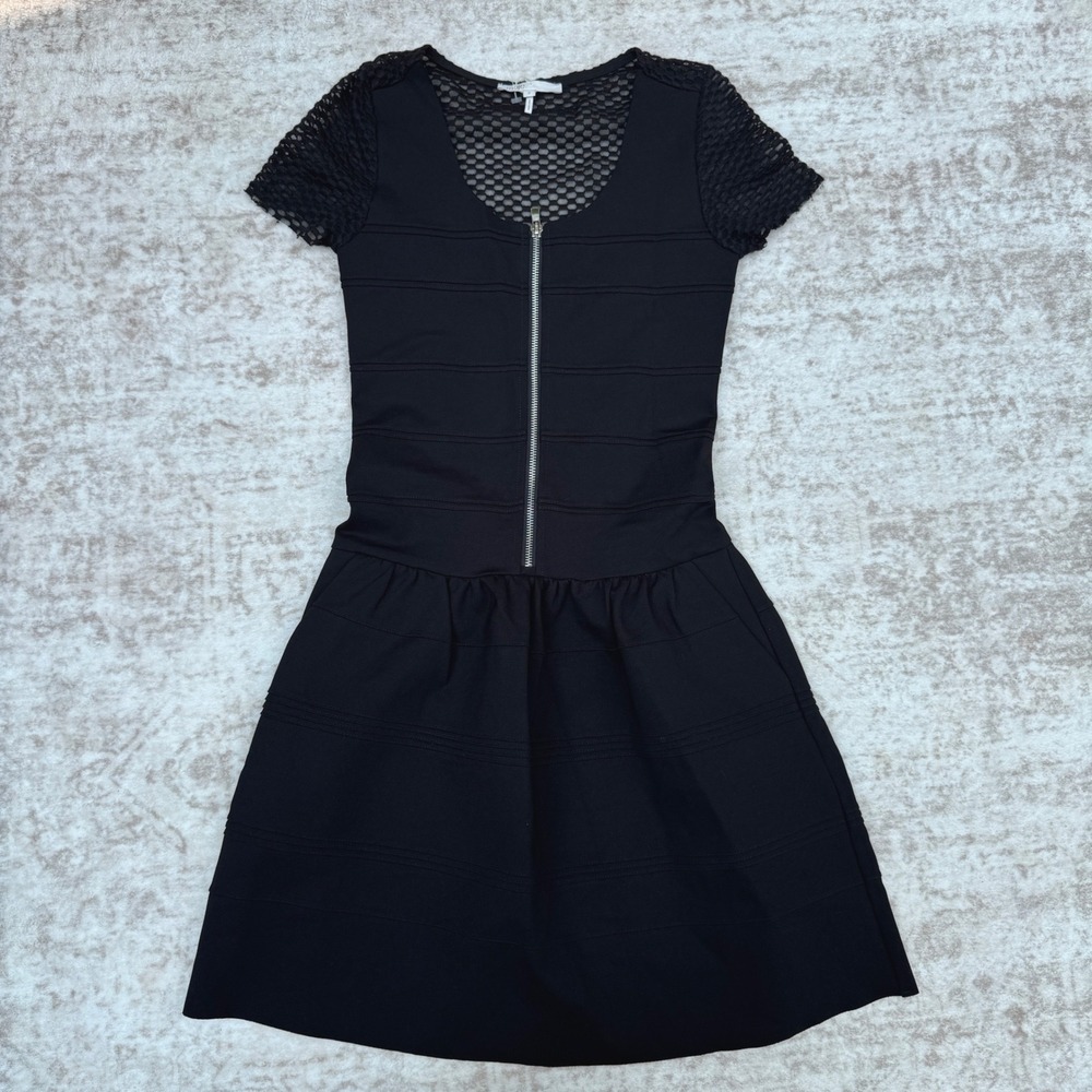 Maje Ernestine Dress Womens 2 Black Excellent Mesh Zip Front Fit Flare